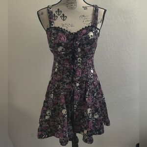 Hot Topic Black & Purple Gothic  Corset Front Skull Rose Cotton Mini Dress_Small